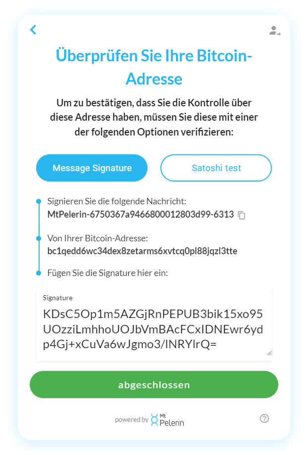 Mt Pelerin Widget - Nachricht signieren