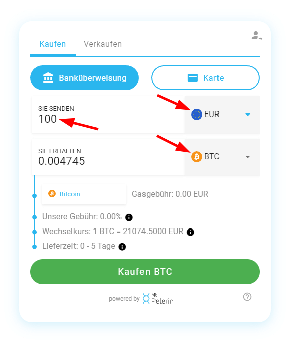 Mt Pelerin Bitcoin Kauf-Widget - Kaufdetails