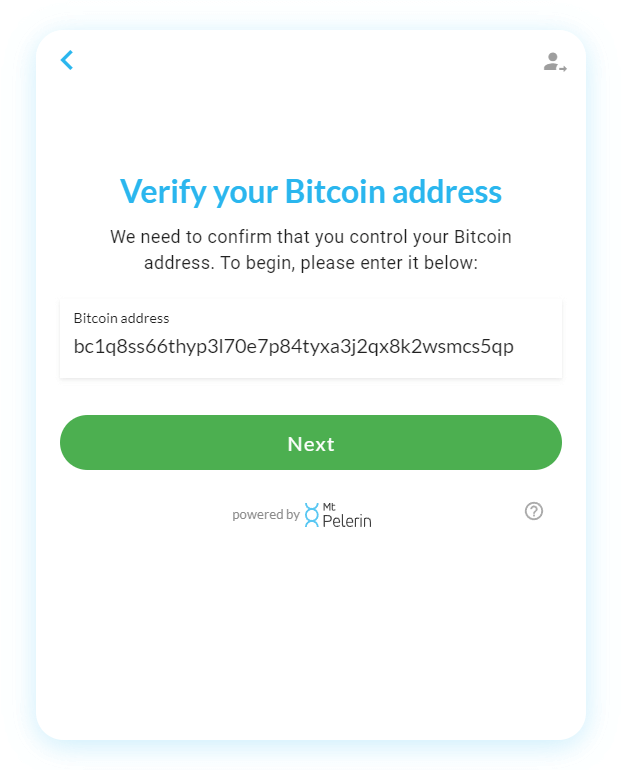 Mt Pelerin widget - Enter Bitcoin address