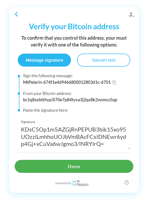 Mt Pelerin widget - Sign message