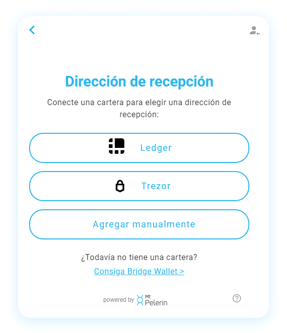 Widget de compra Bitcoin Mt Pelerin - Dirección de recepción