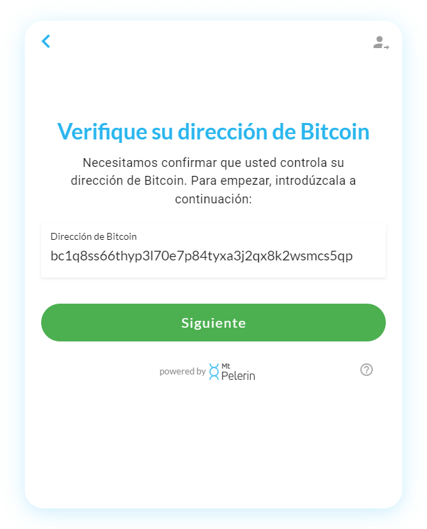 Widget Mt Pelerin - Insertar una dirección Bitcoin