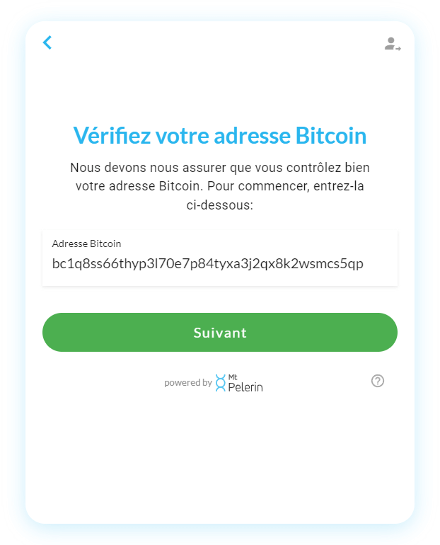 Widget Mt Pelerin - Entrer une adresse Bitcoin