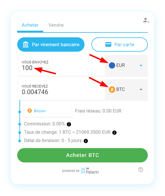 Mt Pelerin widget d'achat de Bitcoin - Détails de l'achat