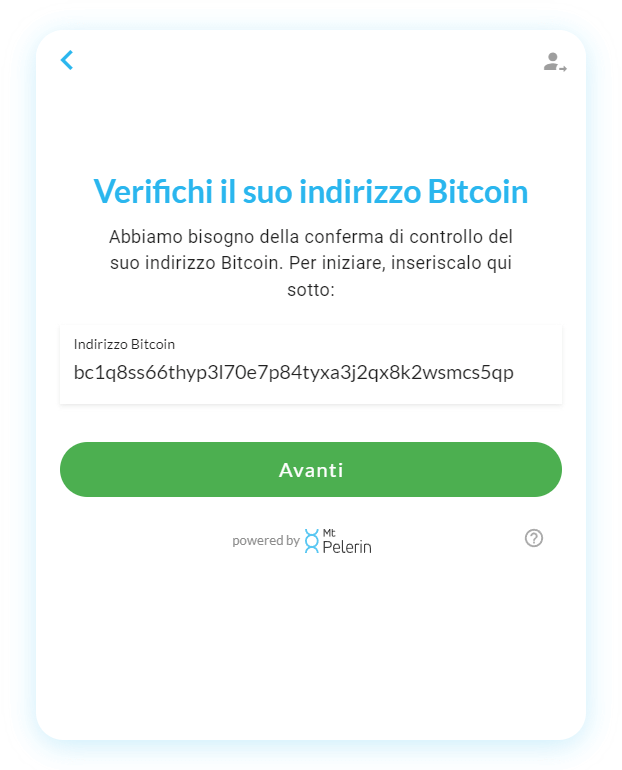 Widget Mt Pelerin - Inserire un'indirizzo Bitcoin