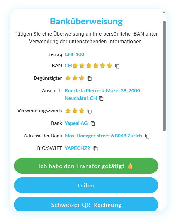 Mt Pelerin Lightning Sats Kauf-Widget - Zahlung