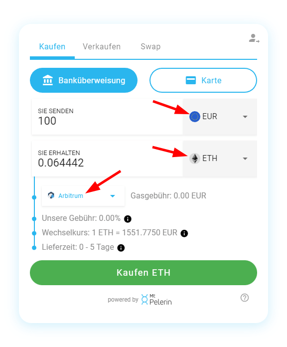 Mt Pelerin Krypto Kauf-Widget - Kaufdetails