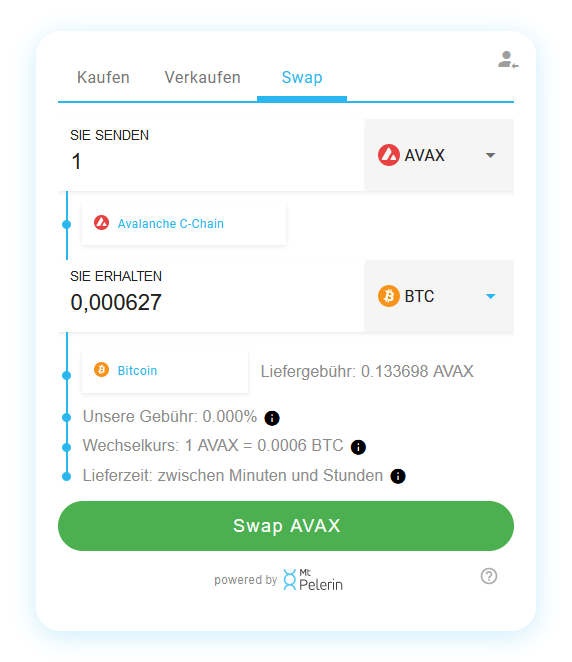 Mt Pelerin AVAX-BTC swap widget