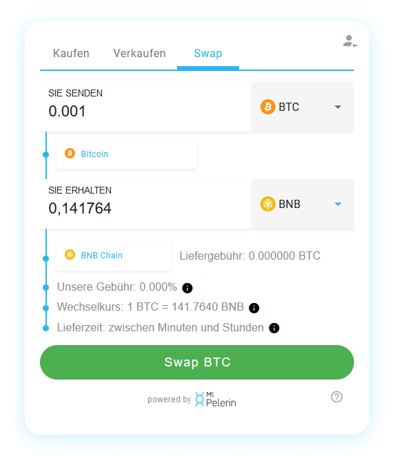 Mt Pelerin BTC-BNB swap widget
