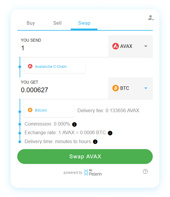 Mt Pelerin AVAX-BTC swap widget