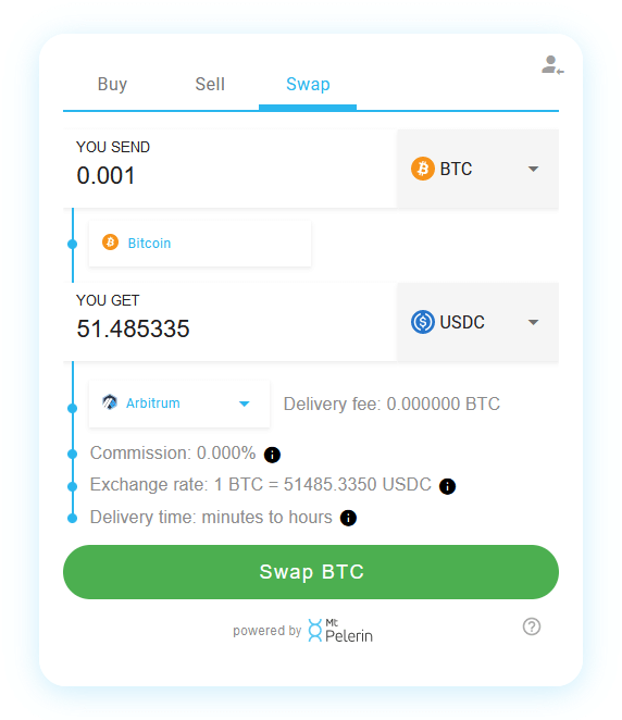Mt Pelerin BTC-USDC swap widget