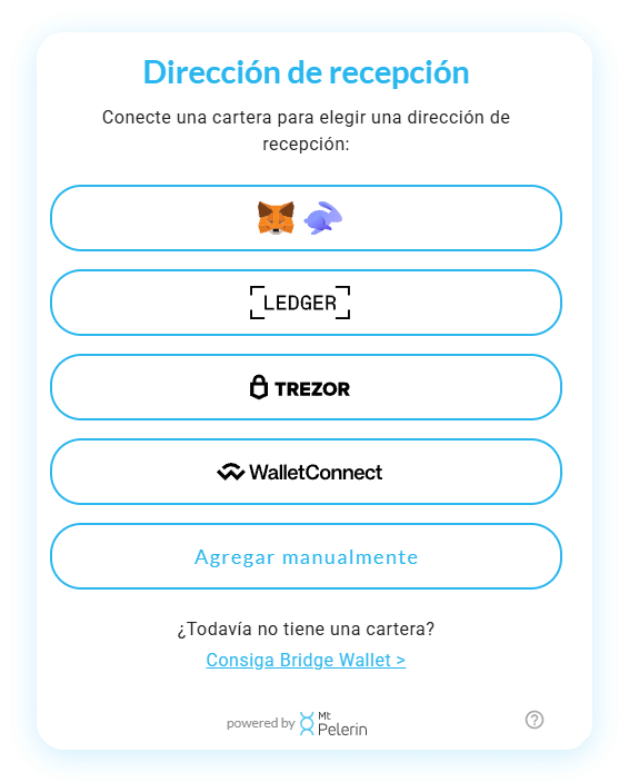 Widget de compra de criptomonedas Mt Pelerin - Dirección de recepción