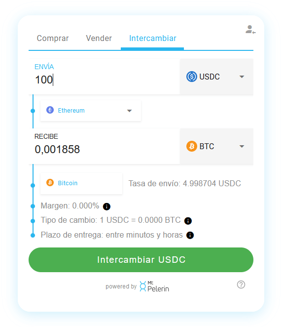 Mt Pelerin USDC-BTC widget de swap