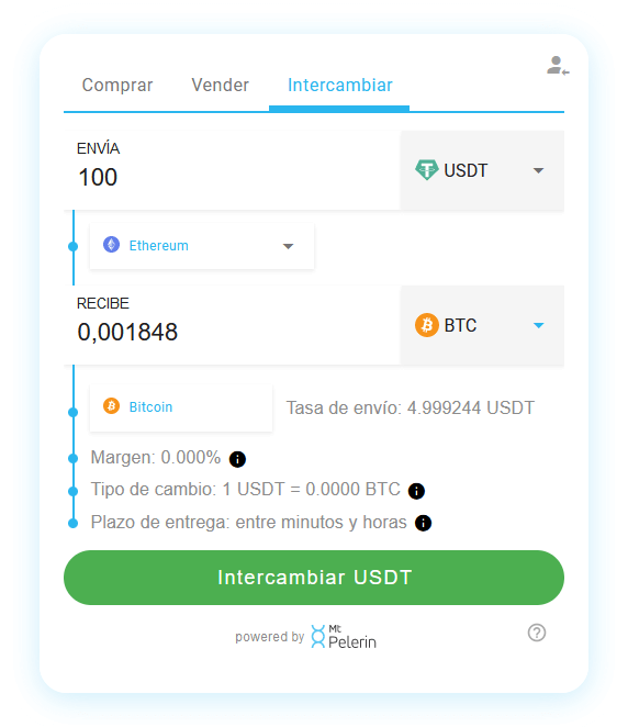 Mt Pelerin USDT-BTC widget de swap