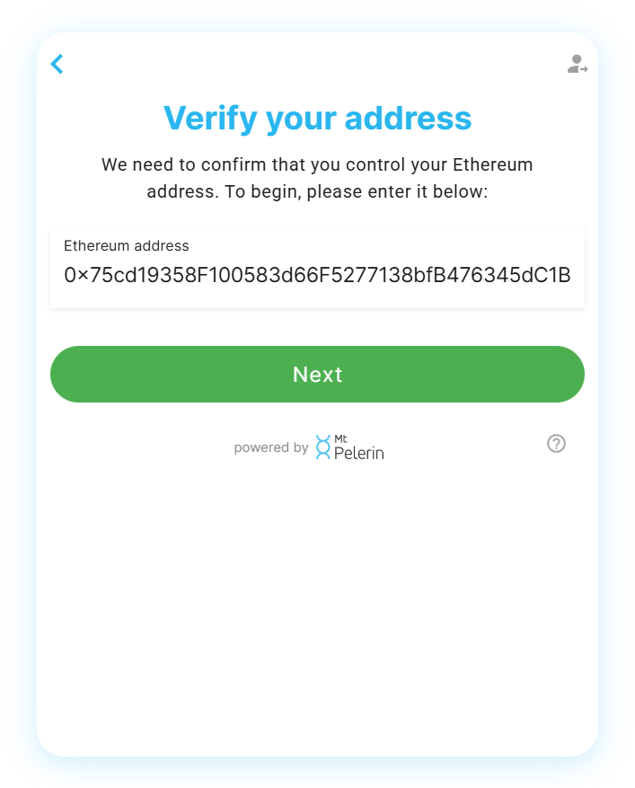 Mt Pelerin widget - Enter Ethereum address