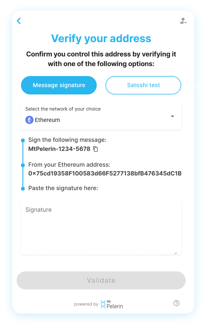 Mt Pelerin widget - Sign Ethereum message