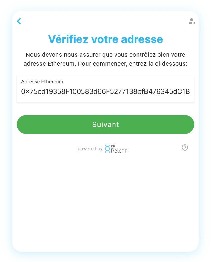 Widget Mt Pelerin - Entrer une adresse Ethereum