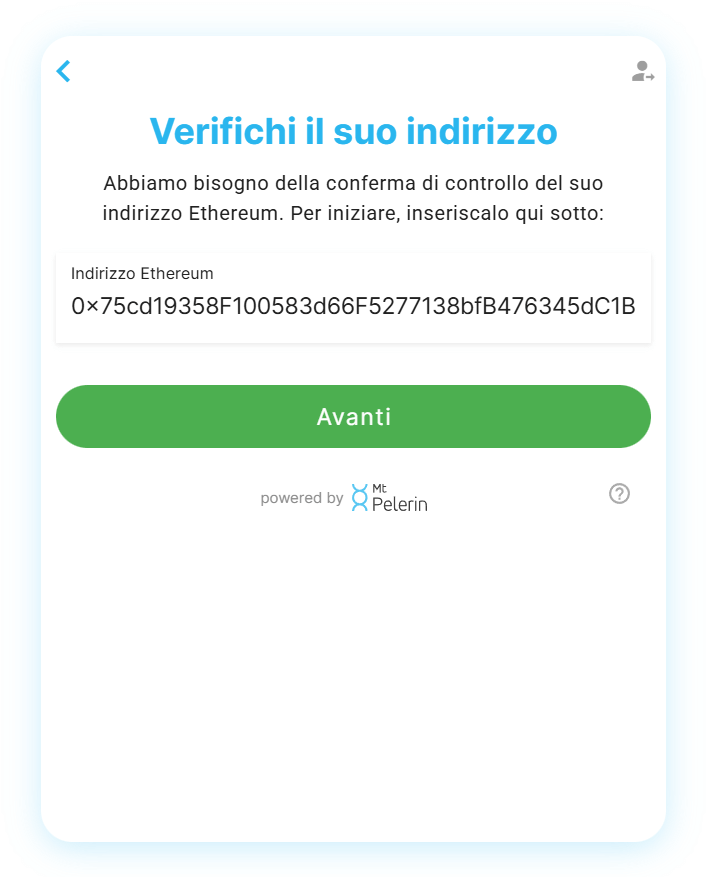 Widget Mt Pelerin - Inseriscere un indirizzo Ethereum