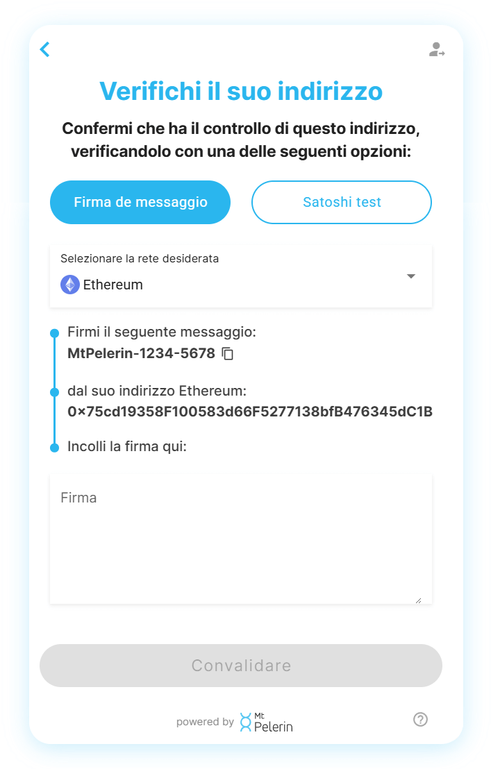 Widget Mt Pelerin - Firmare un messaggio Ethereum