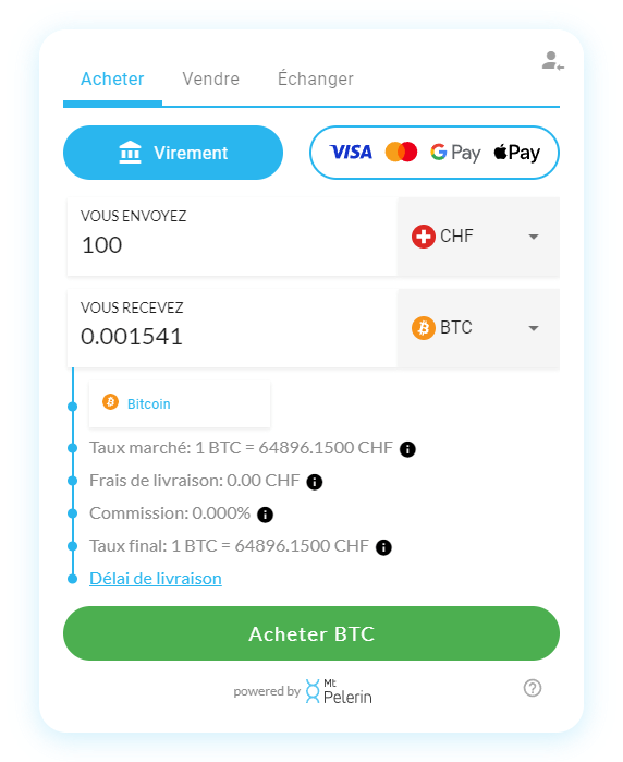 Widget Mt Pelerin - Achat de cryptomonnaie