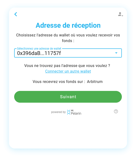 Widget Mt Pelerin de bridge de cryptomonnaies - Validation de l'adresse de réception