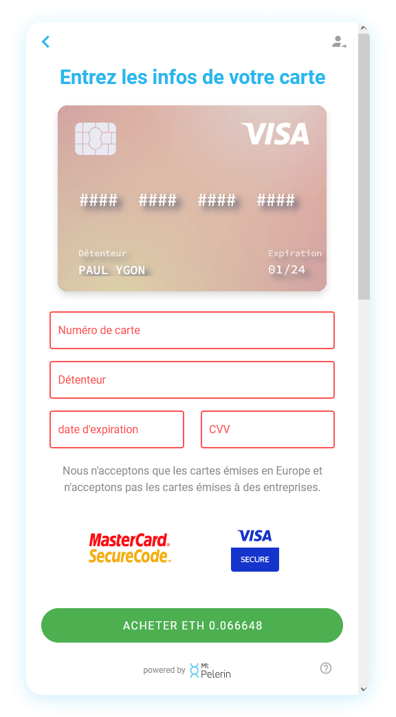 Mt Pelerin widget d'achat de crypto - Paiement par carte