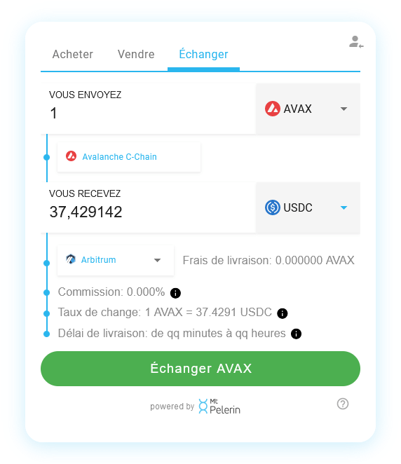 Mt Pelerin widget de swap AVAX-USDC