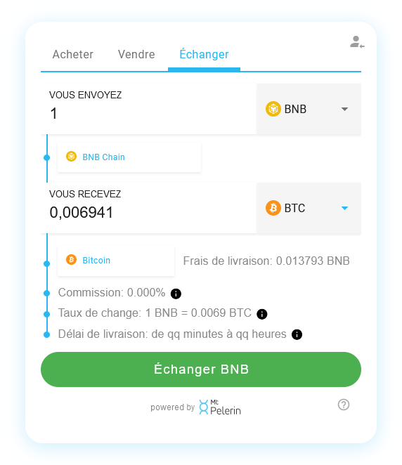 Mt Pelerin widget de swap BNB-BTC