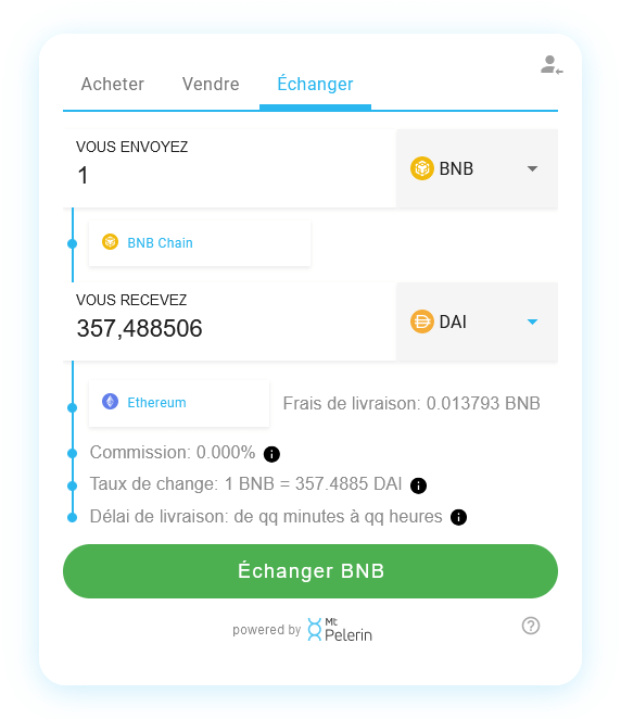 Mt Pelerin widget de swap BNB-DAI