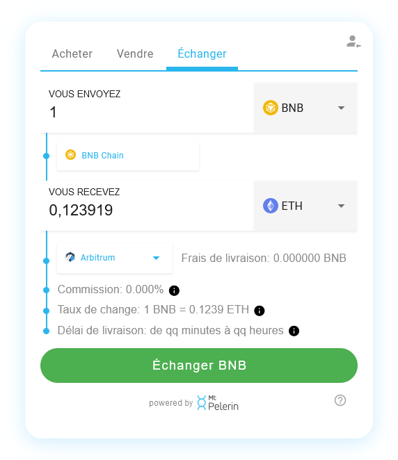 Mt Pelerin widget de swap BNB-ETH