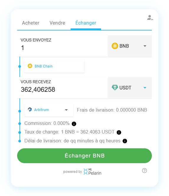 Mt Pelerin widget de swap BNB-USDT