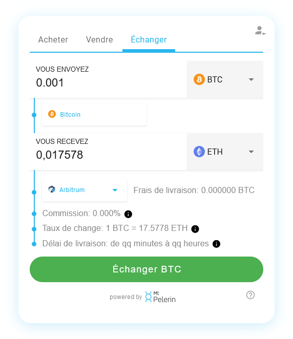 Mt Pelerin widget de swap BTC-ETH