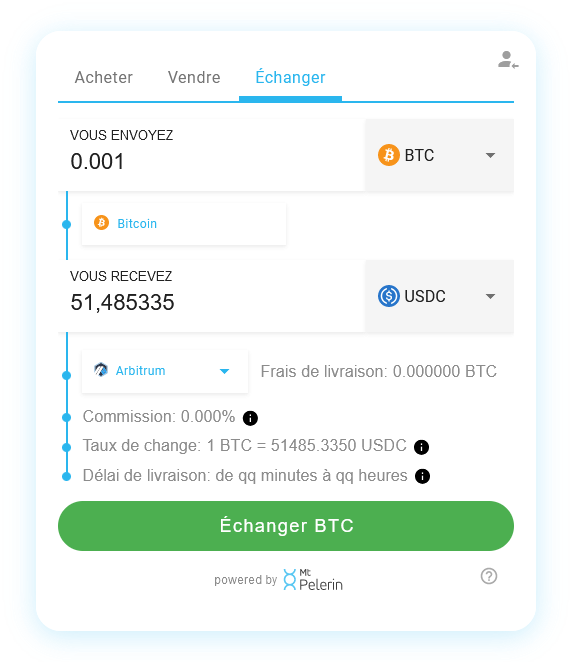 Mt Pelerin widget de swap BTC-USDC