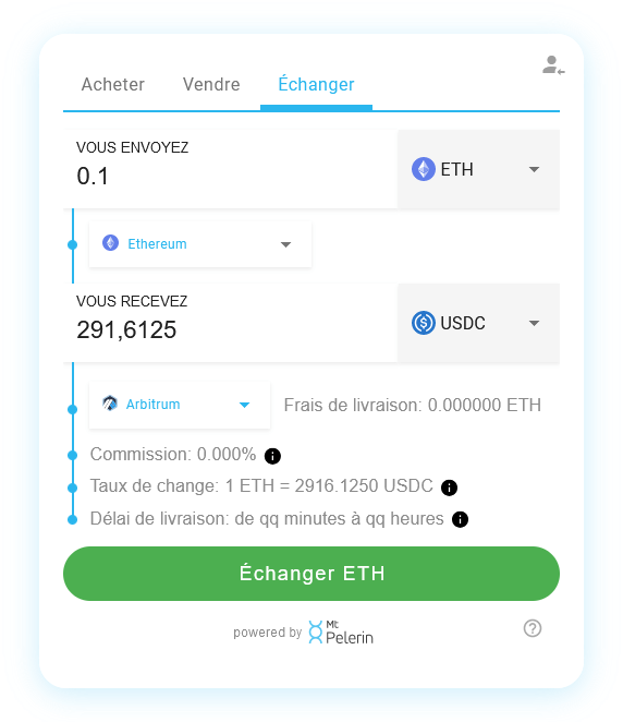 Mt Pelerin widget de swap ETH-USDC
