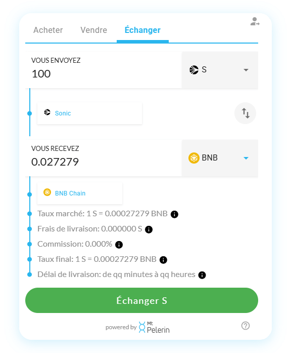 Mt Pelerin widget de swap Sonic-BNB