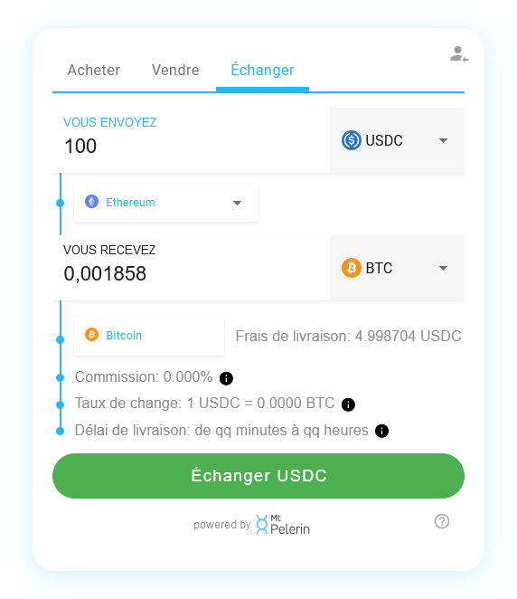 Mt Pelerin widget de swap USDC-BTC