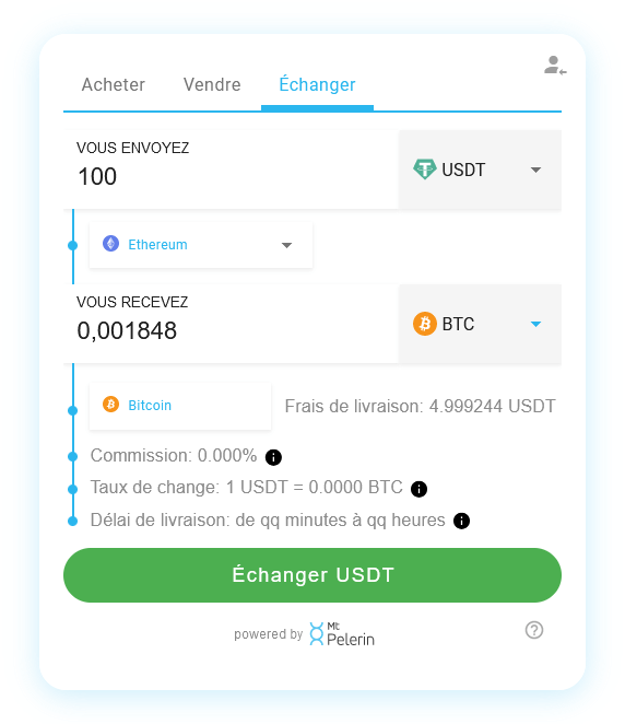 Mt Pelerin widget de swap USDT-BTC