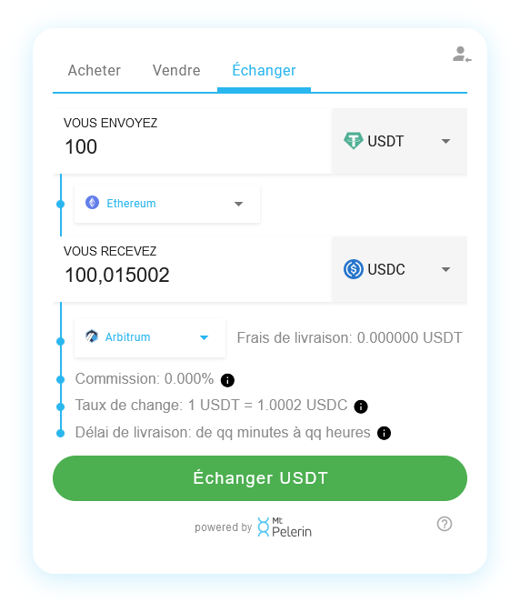 Mt Pelerin widget de swap USDT-USDC