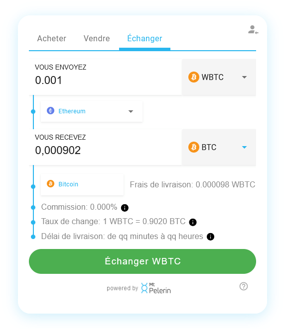 Mt Pelerin widget de swap WBTC-BTC