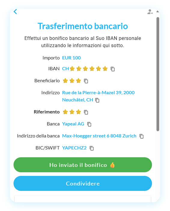 Widget di acquisto di criptovalute Mt Pelerin - Bonifico bancario