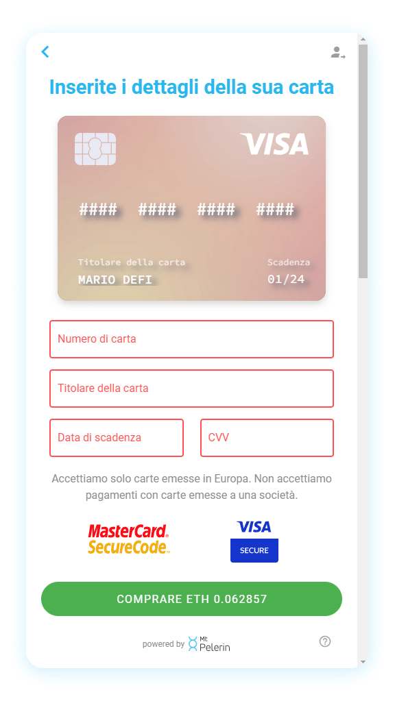 Mt Pelerin comprare ETH widget screenshot 13