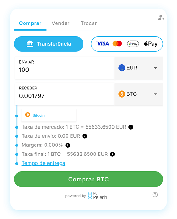 Widget de compra do Mt Pelerin - Ecrã principal