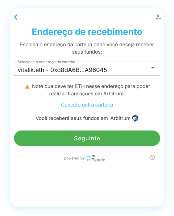 Widget de compra do Mt Pelerin - Selecção do endereço de recepção