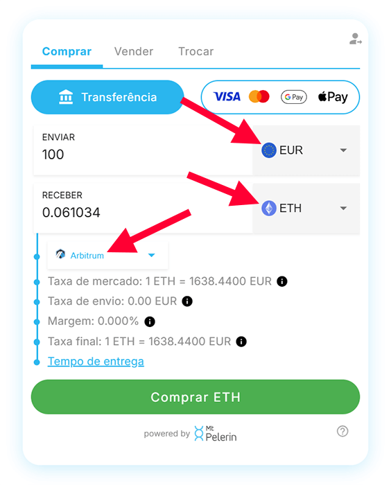 Widget de compra do Mt Pelerin - Detalhes da compra