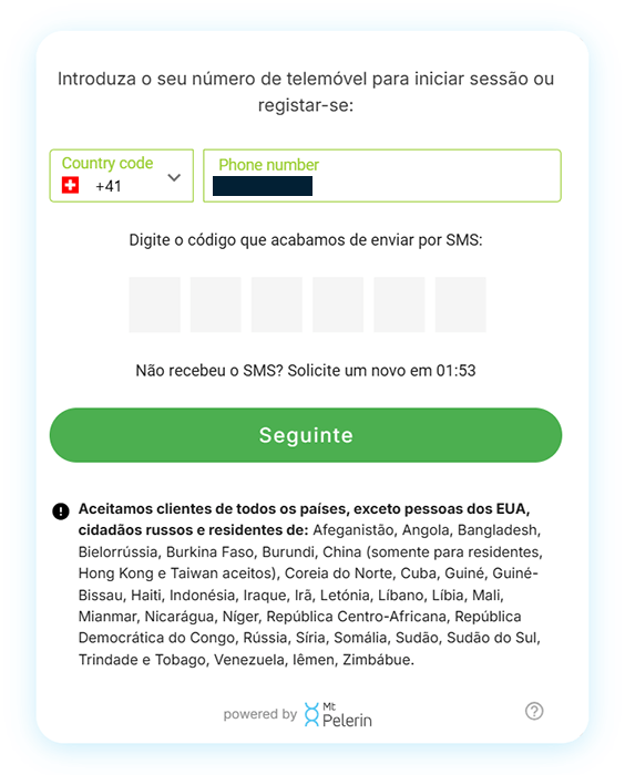 Widget de compra do Mt Pelerin - Confirmação do código SMS