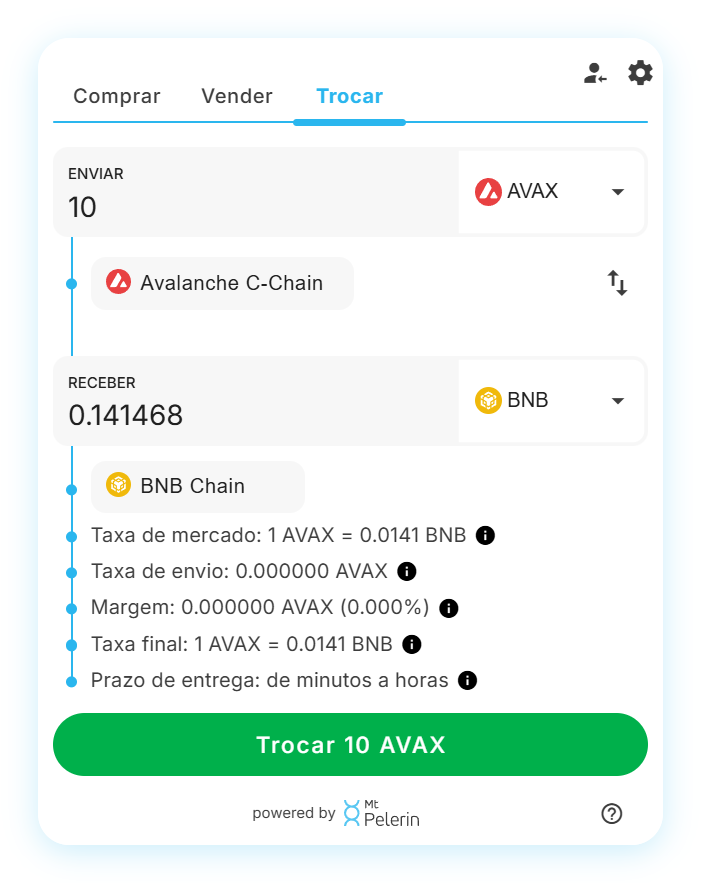 Widget de swap AVAX-BNB da Mt Pelerin