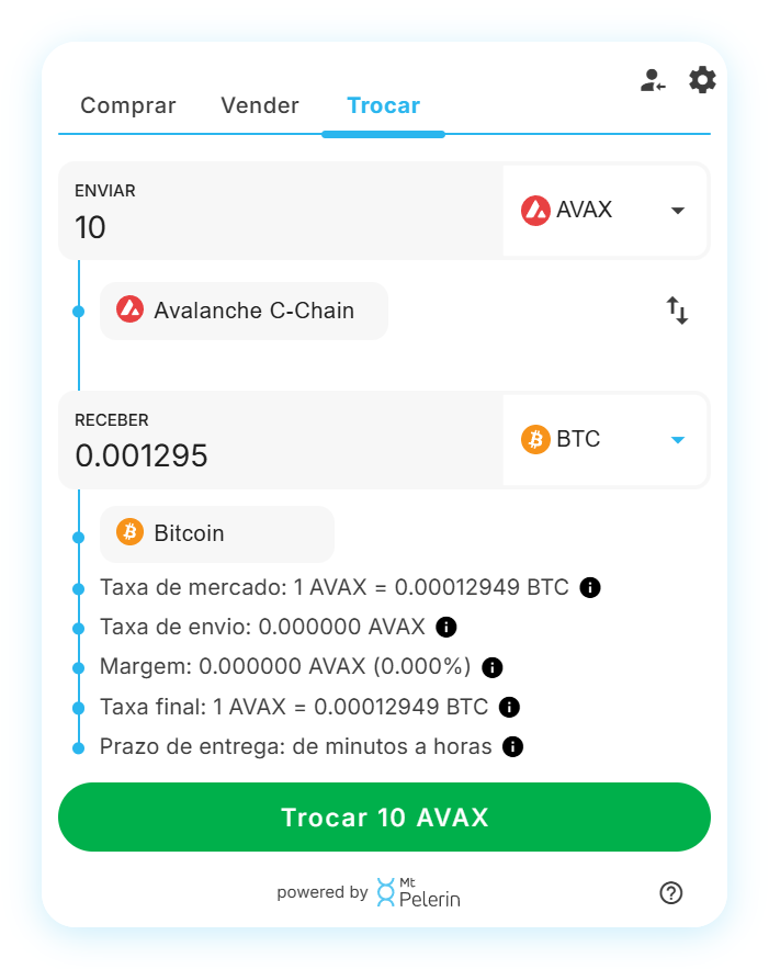 Widget de swap AVAX-BTC da Mt Pelerin