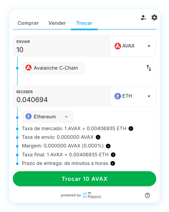 Widget de swap AVAX-ETH da Mt Pelerin