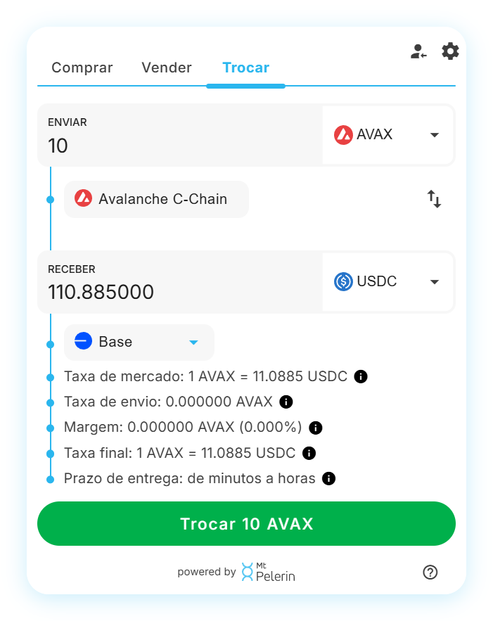 Widget de swap AVAX-USDC da Mt Pelerin