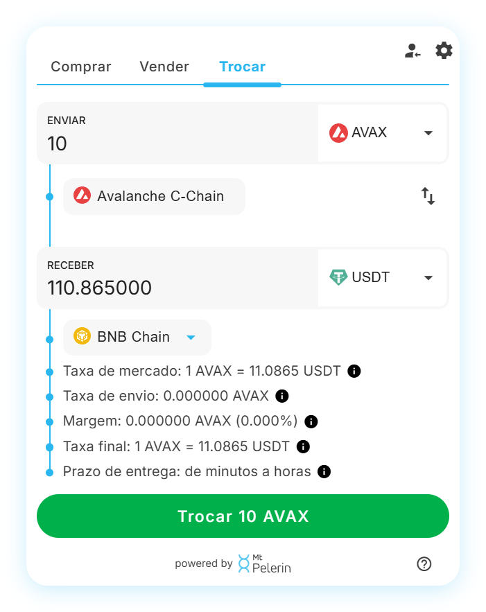 Widget de swap AVAX-USDT da Mt Pelerin